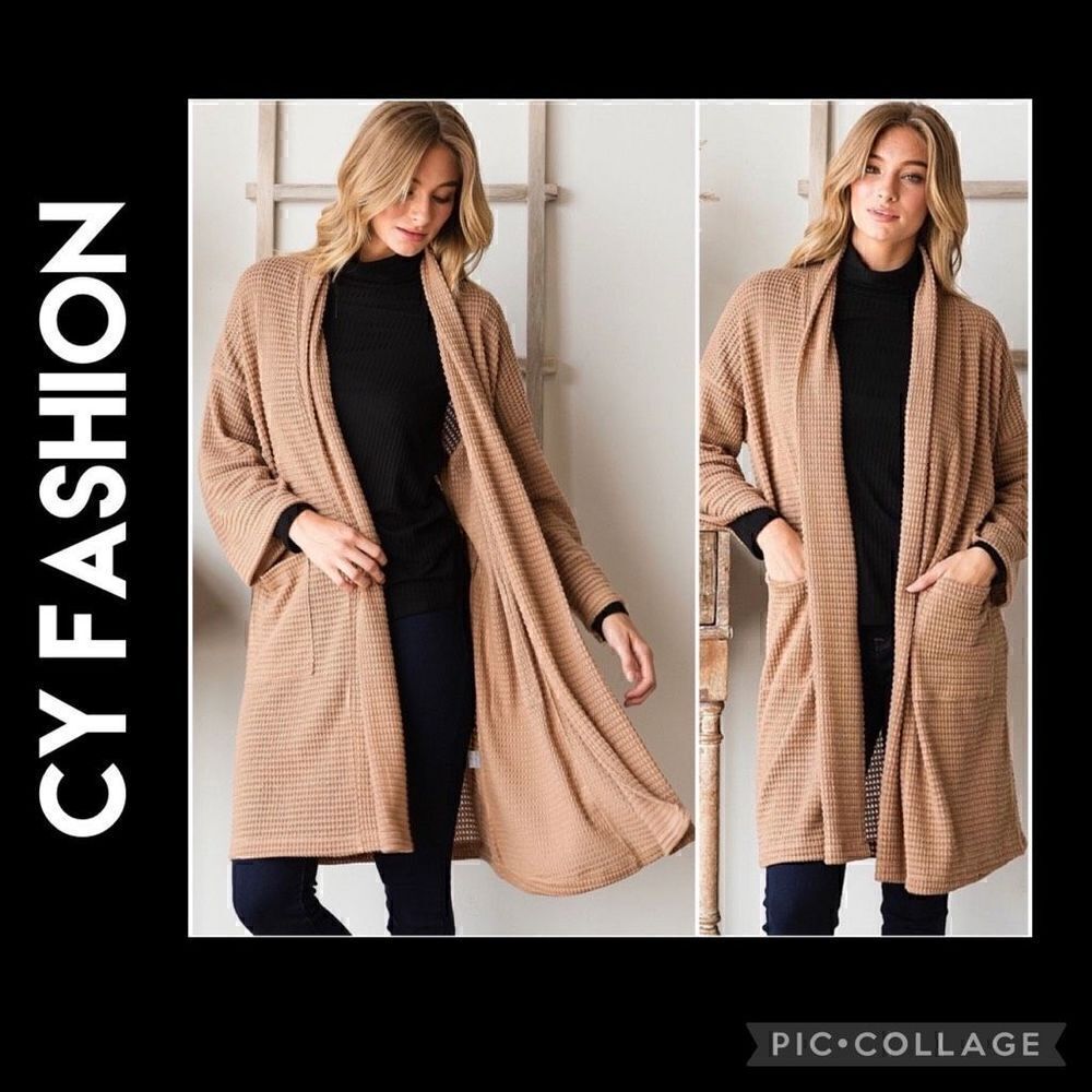 CY Fashion Tan Waffle Knit Long Open Cardigan Size Large-NWT